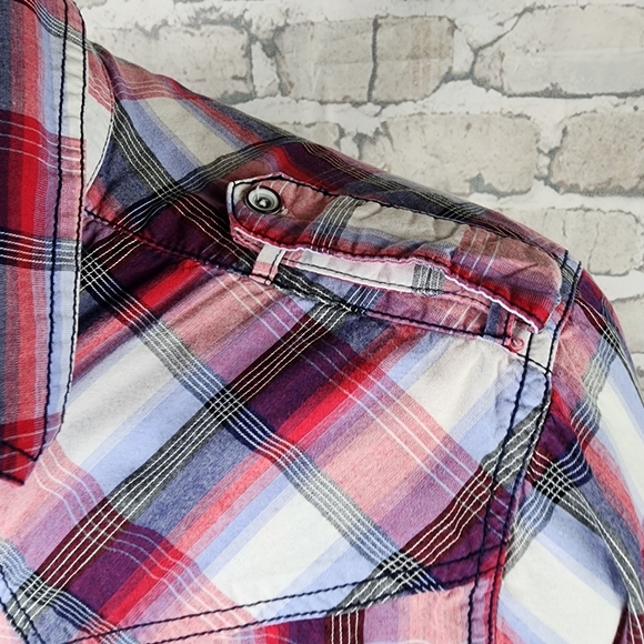 John Lennon for English Laundry Plaid Button Front Shirt Red Blue Size Large - Picture 14 of 14